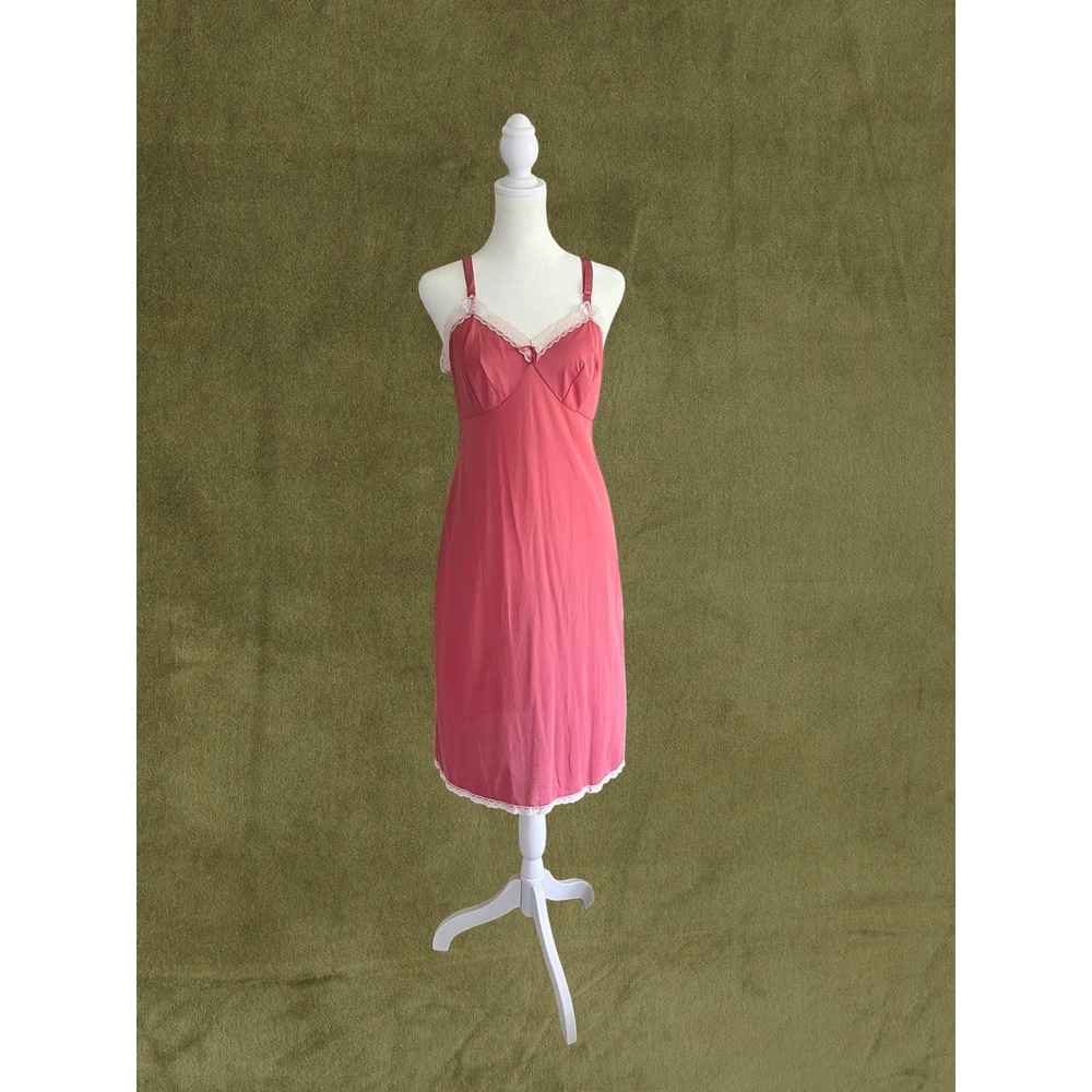 Vintage 70s Lorraine Pink Lace Trim Full Slip Lingerie Dress Size 36 Made in USA